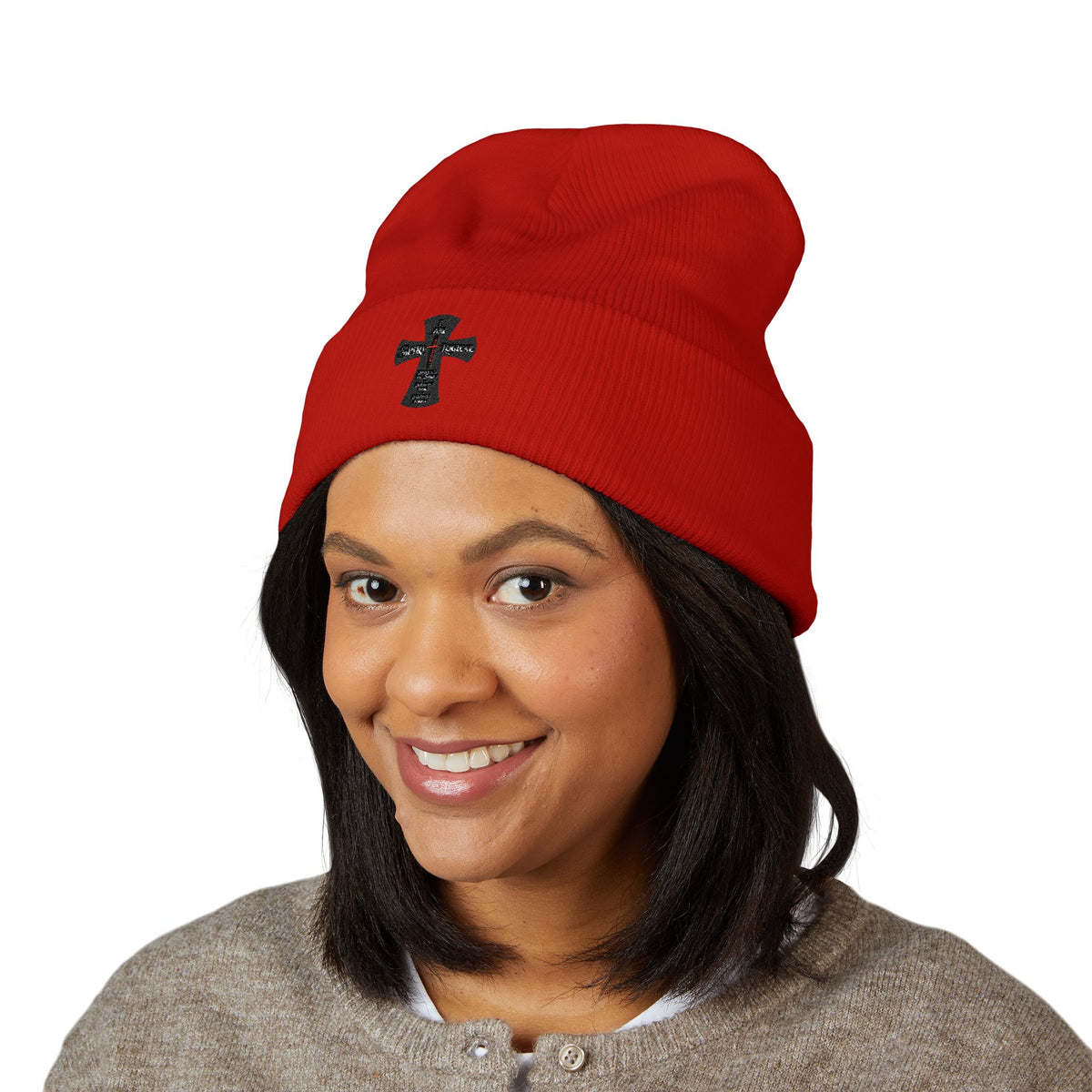 0028W Embroidered Spirilogical Cross Cuffed Beanie